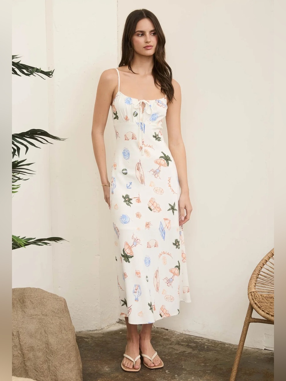 The Workshop Summer Print Front Tie Spaghetti Midi Dress